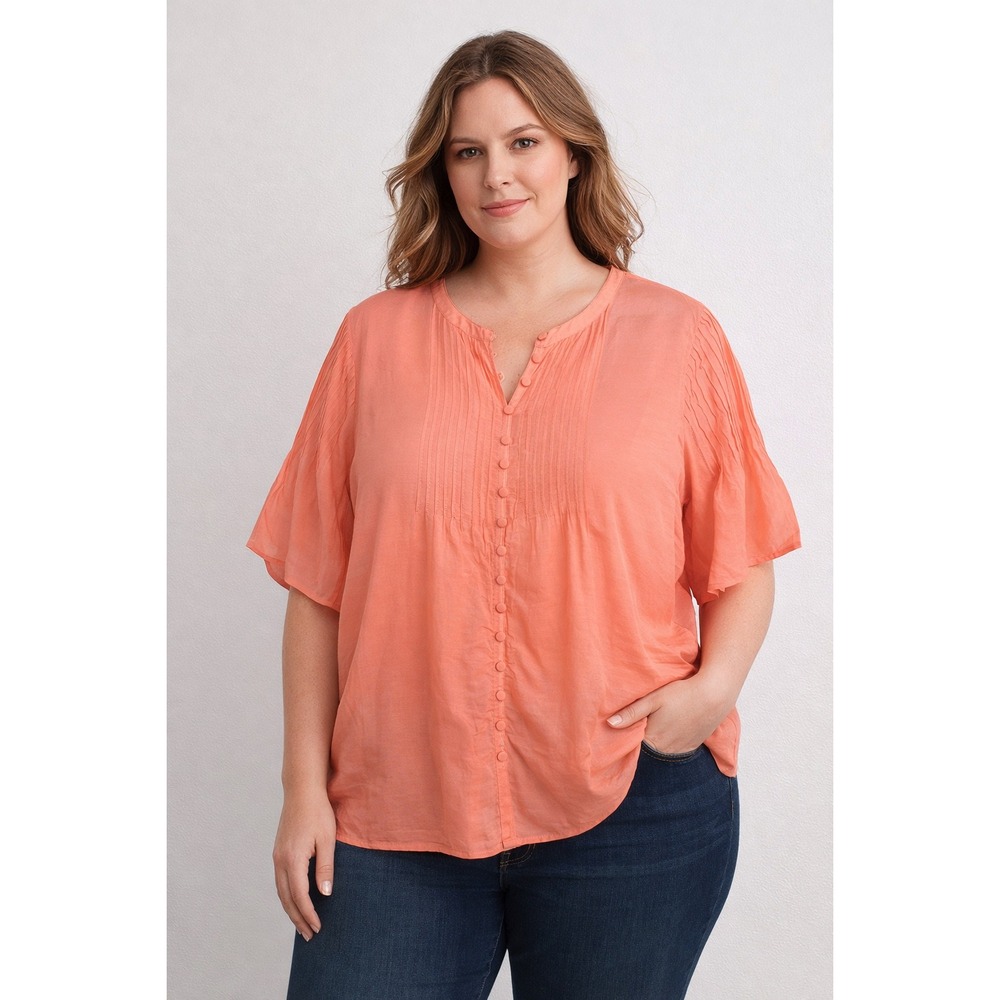 J.Crew Cotton Silk Pintuck Blouse Womens‎ XL Coral Orange Flutter Sleeve Top